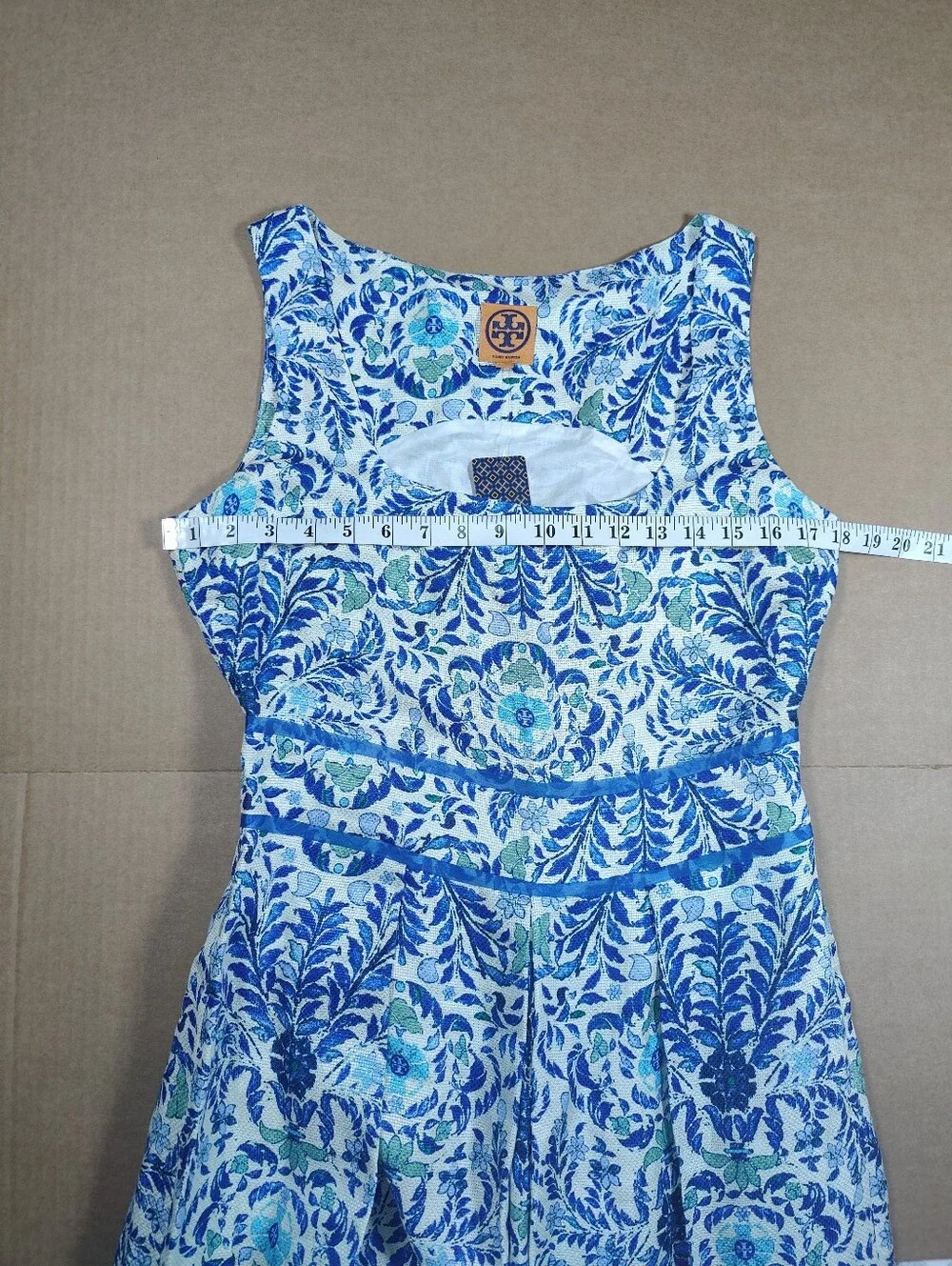NWT Tory Burch Ramona Blue White Floral Silk Linen Fit & Flare Dress Retail 450$